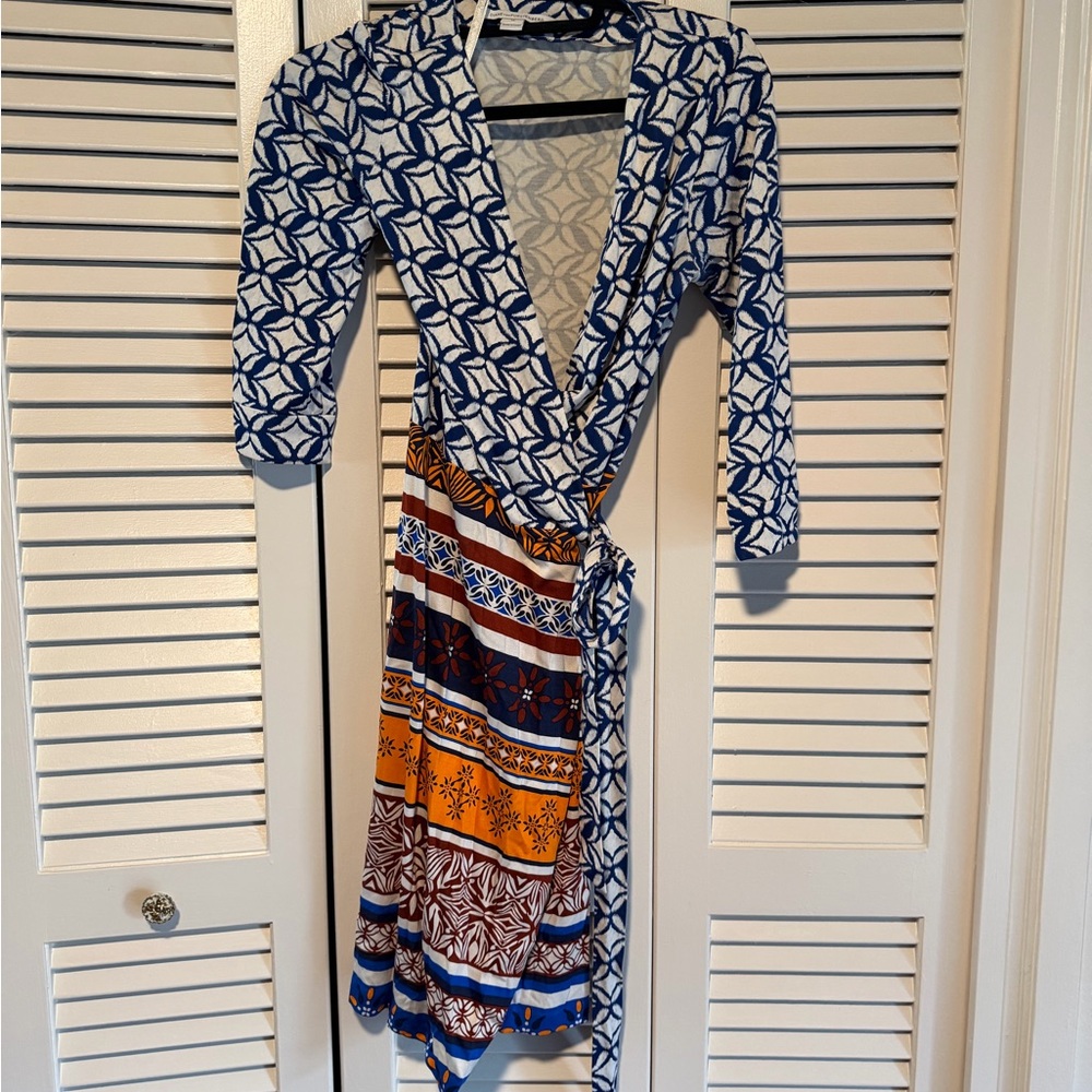 Diane Von Furstenberg Blue, White & Orange Patterned Wrap Midi Dress